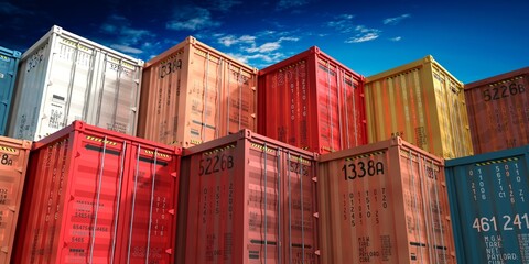 Many colorful shipping cargo containers - 3D illustration