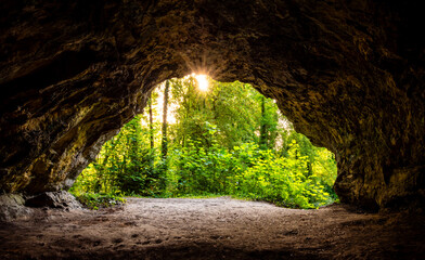 Panoramic view from a small cave (Perick Caves) in a limestone quarry in a nature reserve in Hemer...