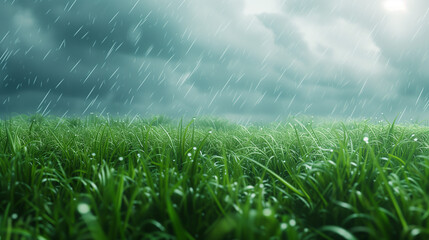 Fresh Green Meadow with Rainfall under Gloomy Sky
