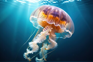 Orange jellyfish swims in blue sea waters