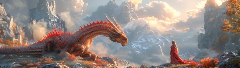 Classic fairy tale castles and dragons reimagined in futuristic AI generated virtual worlds - obrazy, fototapety, plakaty