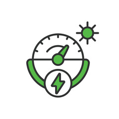 Solar Power Indicator icon in line design green. Power, indicator, sun, energy, panel, icon, system, renewable, display isolated on white background vector. Solar Power Indicator editable stroke icon.