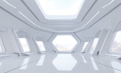Futuristic Spaceship Corridor with Mountain View
