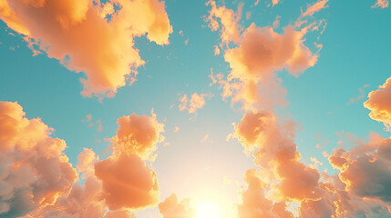 An awe-inspiring vista of a blue sky adorned with soft gradient orange gold clouds