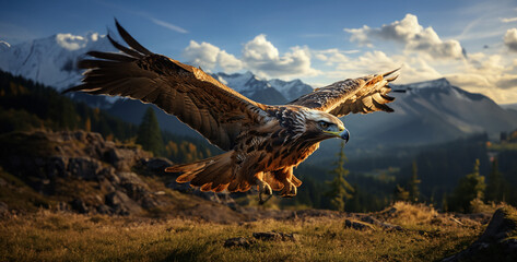 eagle in flight, Majestic Hawk in Flight Freeze a moment in time as a hawk soars gracefully through the air, its wings spread wide as it rides the thermals high above the rugged mountains super 