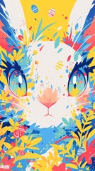 A painting of a rabbit's face surrounded by flowers