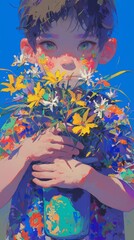 Obraz na płótnie Canvas A painting of a boy holding a bunch of flowers