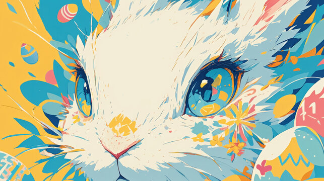 A close up of a rabbit's face on a colorful background