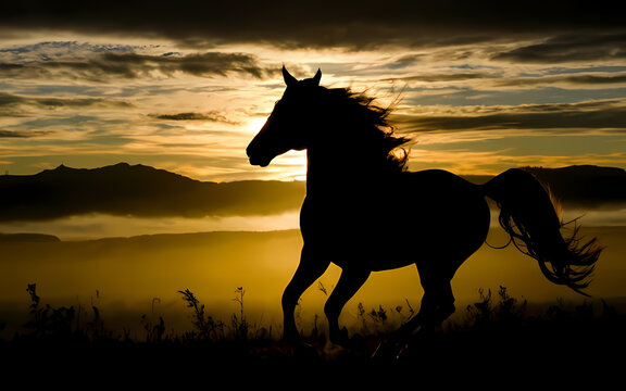 a stunning silhouette image of a horse against the backdrop of a sweeping landscape, capturing the grace and power of this magnificent creature in its natural environment, generative ai