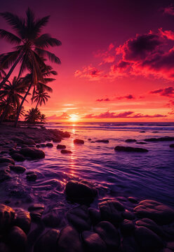A rocky beach with palm trees silhouetted against a pink and purple sky at sunset.