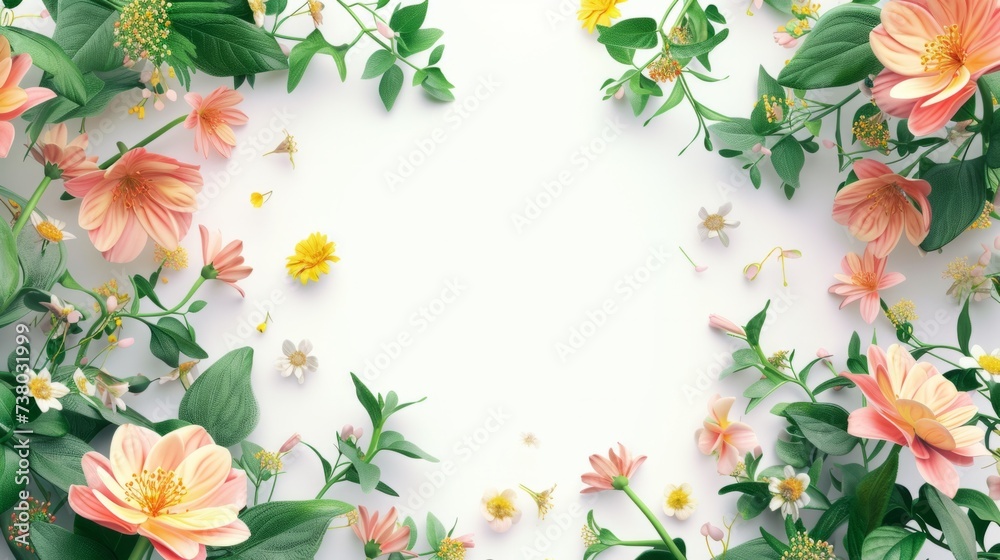 Poster a white background with pink flowers and green leaves