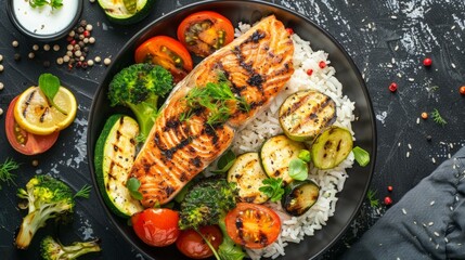 Healthy lunch bowl with grilled salmon, rice and vegetables. Grilled zucchini, broccoli and tomato with salmon steak and rice