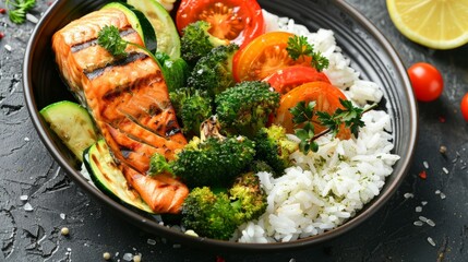 Healthy lunch bowl with grilled salmon, rice and vegetables. Grilled zucchini, broccoli and tomato with salmon steak and rice