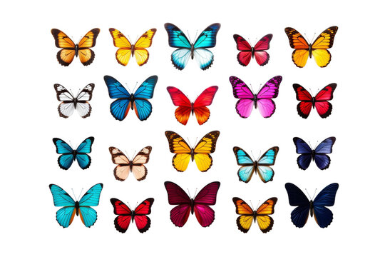 Group of Colorful Butterflies. A vibrant group of butterflies with various colors gathered on a Transparent background.