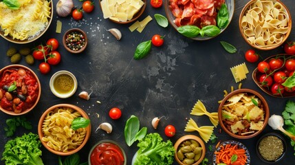 Italian food collage with pasta, salads and soups. Top view