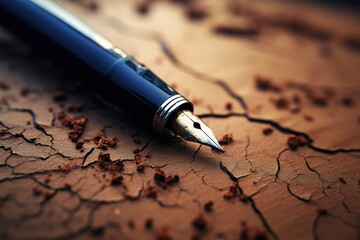 Closeup of an old fountain pen lying on the cracked surface of an old paper sheet - obrazy, fototapety, plakaty