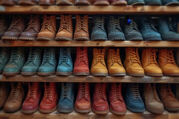 A wall with shoes inside the store. There are many different shoes on the shelves - obrazy, fototapety, plakaty