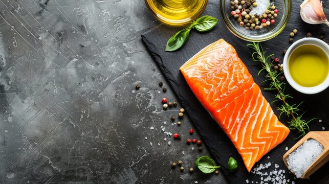 Raw salmon fillet and ingredients for cooking on a dark background in a rustic style.