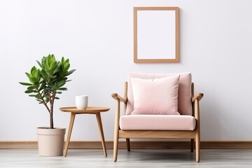 Fototapeta na wymiar Mockup of empty framed paintings over pink armchair, coffee table and potted plant in living room interior