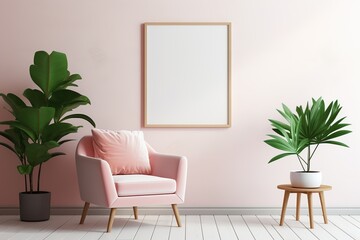Mockup of empty framed paintings over pink armchair and two potted plant in living room interior