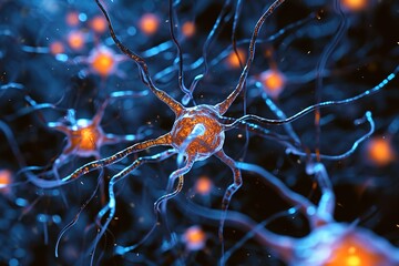 Abstract illustration of brain cells transmitting impulse and glowing on a dark blurred background - obrazy, fototapety, plakaty