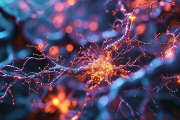 Abstract illustration of brain cells transmitting impulse and glowing bright orange on a dark blurred background - obrazy, fototapety, plakaty