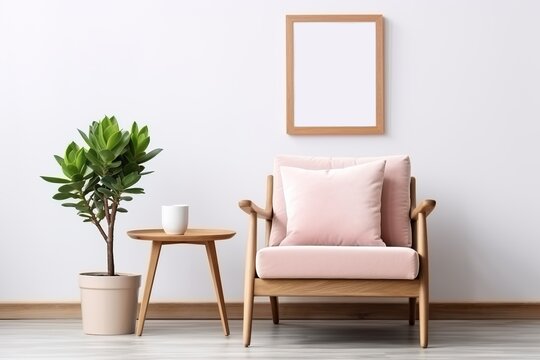 Mockup of empty framed paintings over pink armchair, coffee table and potted plant in living room interior
