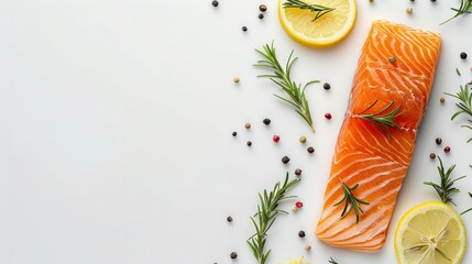 Slice of red fish salmon with lemon, rosemary isolated on white background with copy space for your text. - obrazy, fototapety, plakaty