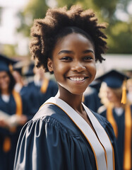Fototapeta premium college graduation portrait of young Afro American girl with sincere smile, celebrations in the background 
