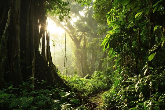 Beautiful wild hiking trail in the rainforest jungle surrounded by fog illuminated by bright sunlight