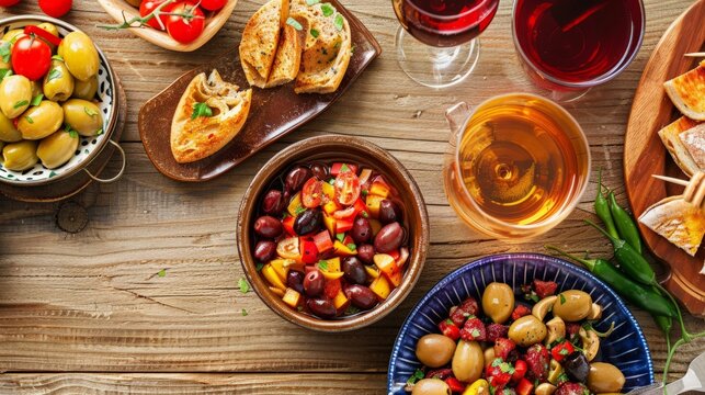 spanish tapas and sangria on wooden table, top view