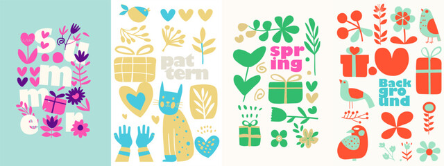 Hello spring. Vector illustrations in a naive style, this set encapsulates the essence of spring and summer with its playful and heartwarming elements. The graphics are a celebration of the seasons.