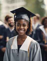 college graduation portrait of young Afro American girl with sincere smile, celebrations in the background
