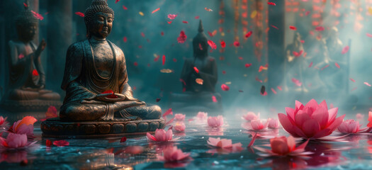 huge buddha statue in the temple with flowers petals and water lilies, sun rays, relaxing yogi