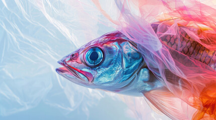 close-up, fish head in a bag, plastic in a polluted sea, harm to marine life