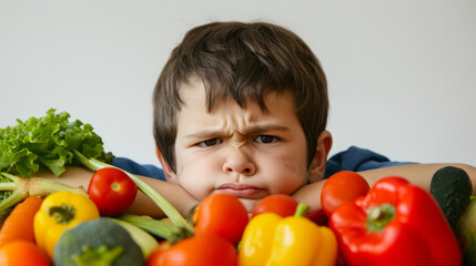 Fototapeta na wymiar The boy made a face while surrounded by vegetables. Children don't like to eat vegetables. Healthy food for children. Vegetarianism. Children and eating habits. Healthy eating concept. Children's refu