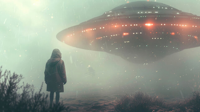 a man looks at a large flying saucer, observes a mysterious supernatural object in the sky