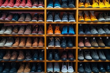 A wall with shoes inside the store. There are many different shoes on the shelves - obrazy, fototapety, plakaty