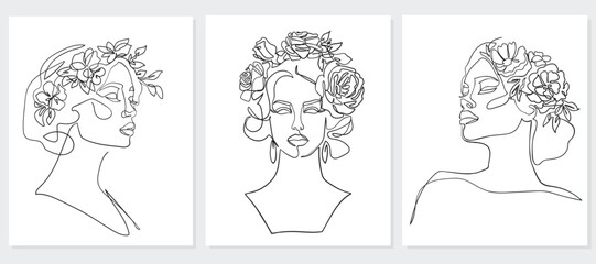 Set of Woman portrait with Flowers on head, Illustration line drawing. Line Art