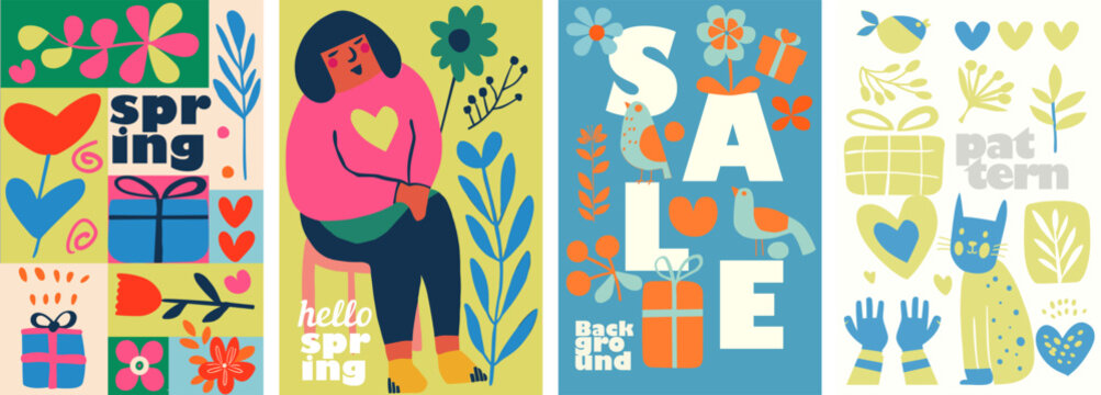 Hello spring. A set of vibrant, naive-style vector illustrations centered around a spring theme. Collection showcases a playful and simplistic approach with bold, flat colors and child-like drawings.