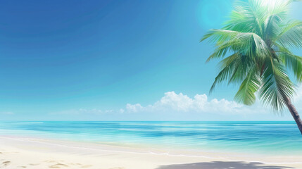 empty long sandy beach of the ocean, lonely palm tree, sunbeam