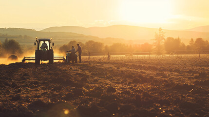 Tractor plowing field at sunset. Tractor preparing land for sowing