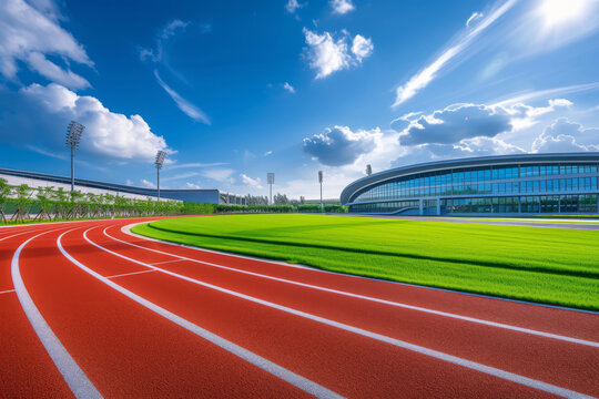 Running track race with green grass and beautiful sky background, empty runway, stadium arena for sport match.
