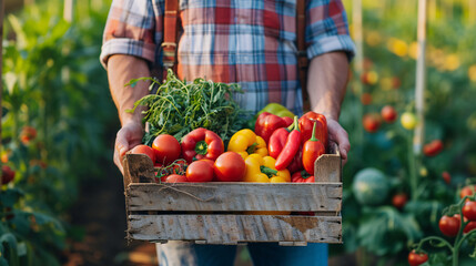 Farmer holding wooden box with fresh red and yellow bell peppers in garden