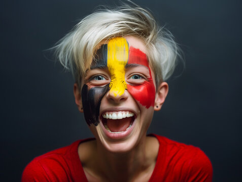 Beautiful girl as Euphoric National BELGIUM Team Fan with painted country flag colors face excited laughing and screaming straight at the camera. Active sports fans movement and human emotions.
