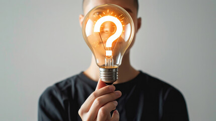 .a man holds a light bulb in his hands, a question mark glows orange inside