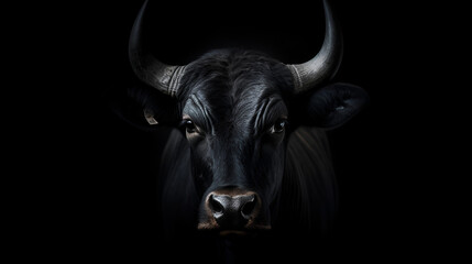 Black bull with horns standing in a dark room 
