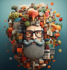 A portrait of a person wearing sunglasses in a vivid surrealistic style, representing the energy of the individual and their thoughts.
