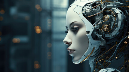 A modern robot with a female face represents the future collaboration between robots and humans, generative AI