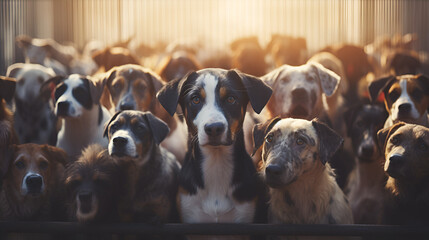 A group of dogs are standing in front of a dark background. - obrazy, fototapety, plakaty